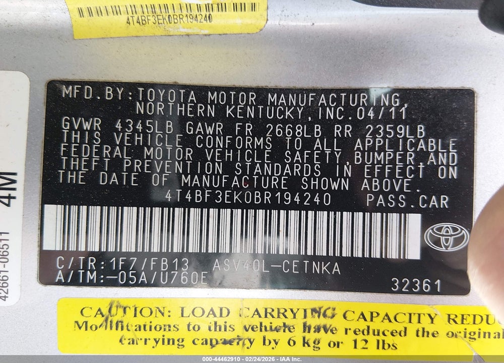 2011 TOYOTA CAMRY LE VIN: 4T4BF3EK0BR194240