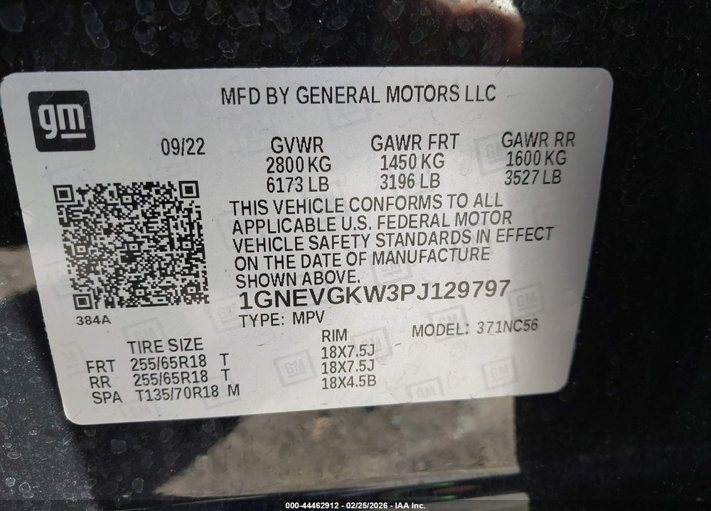 2023 CHEVROLET TRAVERSE AWD LT CLOTH VIN: 1GNEVGKW3PJ129797