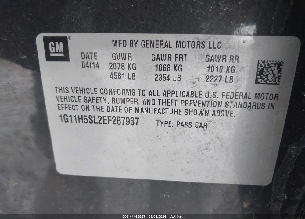 2014 CHEVROLET MALIBU 1LZ VIN: 1G11H5SL2EF287937