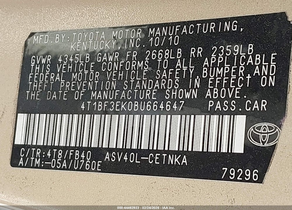 2011 TOYOTA CAMRY LE VIN: 4T1BF3EK0BU664647