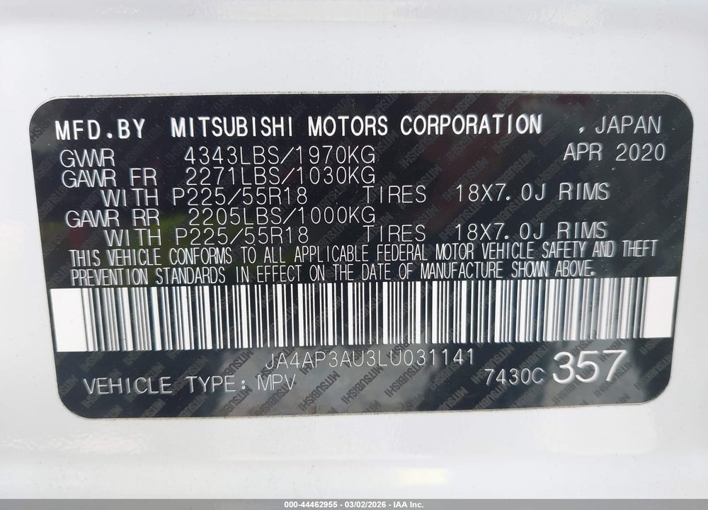 2020 MITSUBISHI OUTLANDER SPORT 2.0 ES VIN: JA4AP3AU3LU031141