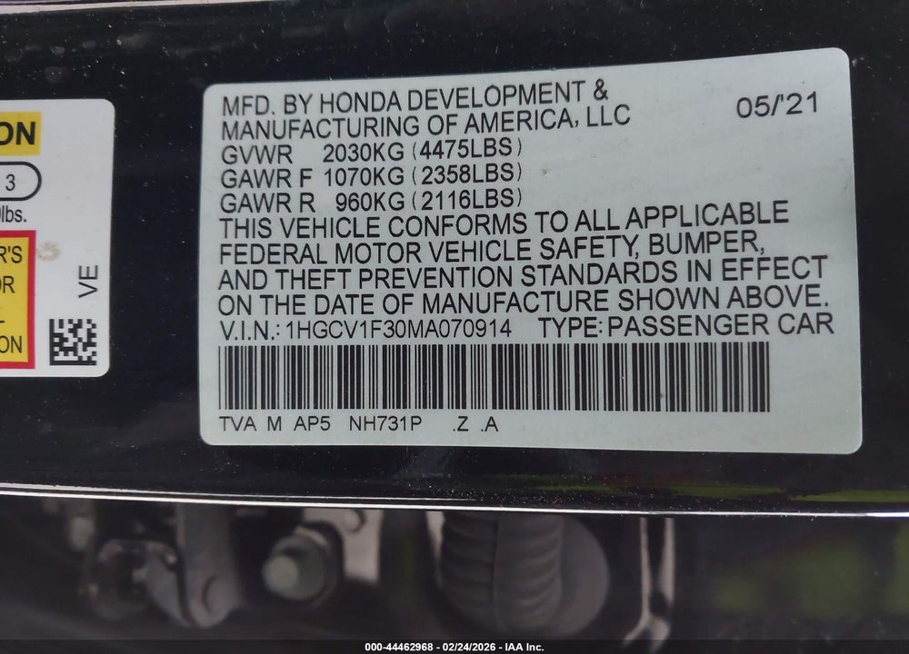 2021 HONDA ACCORD SPORT VIN: 1HGCV1F30MA070914