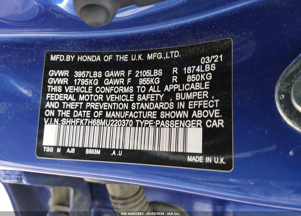 2021 HONDA CIVIC EX VIN: SHHFK7H68MU220370