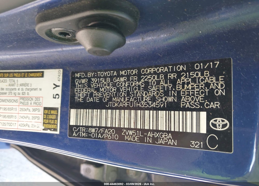 2017 TOYOTA PRIUS THREE VIN: JTDKARFU1H3534591