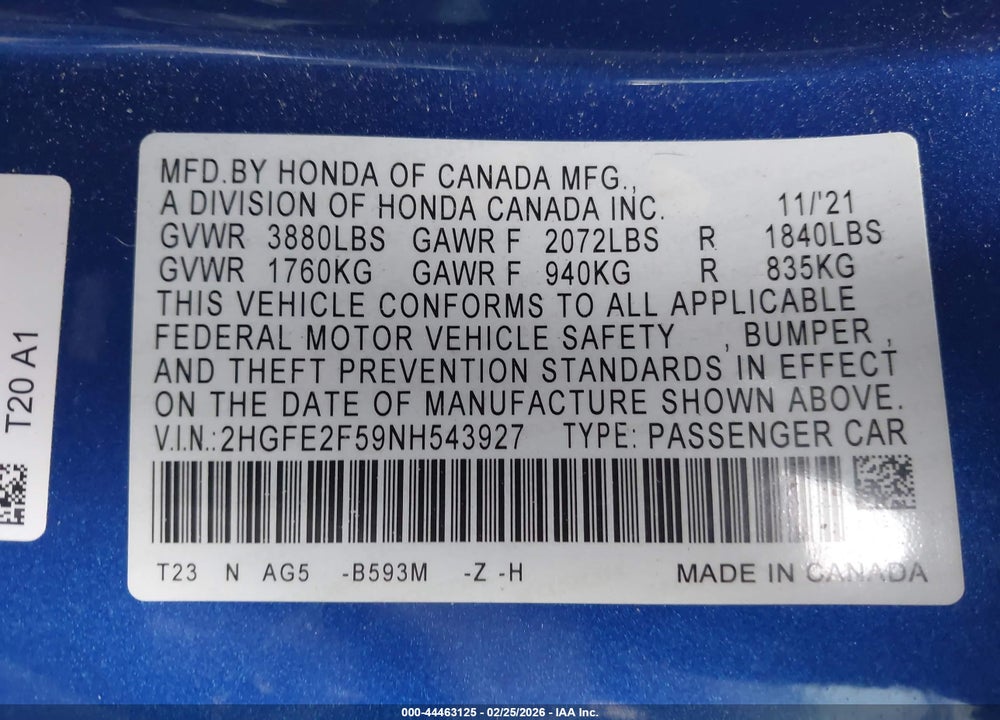 2022 HONDA CIVIC SPORT VIN: 2HGFE2F59NH543927