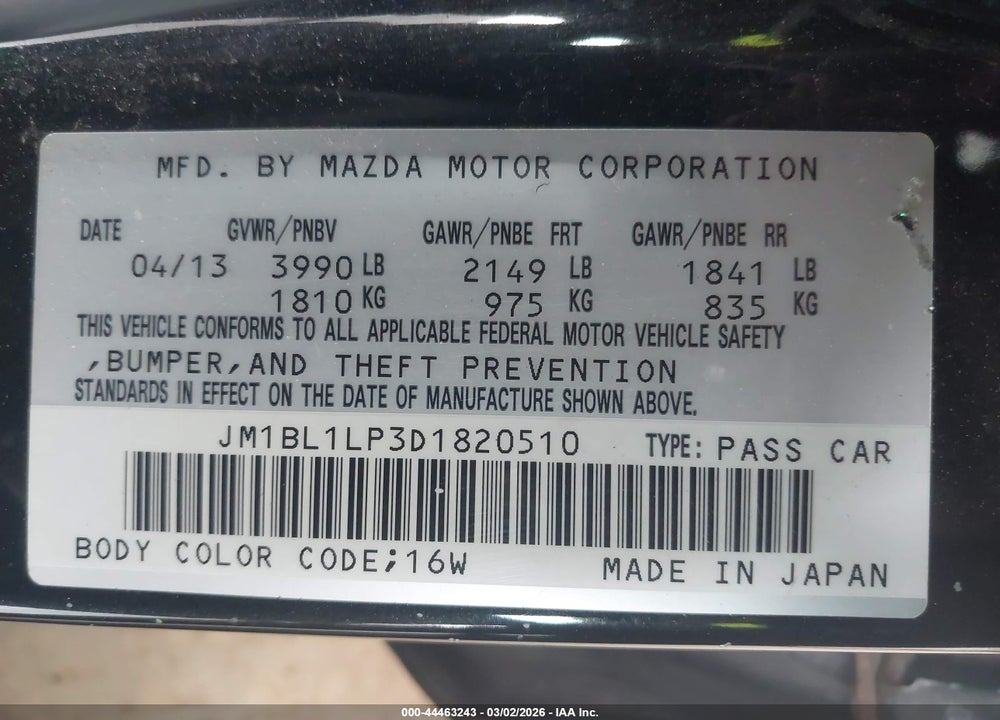 2013 MAZDA 3 I TOURING VIN: JM1BL1LP3D1820510