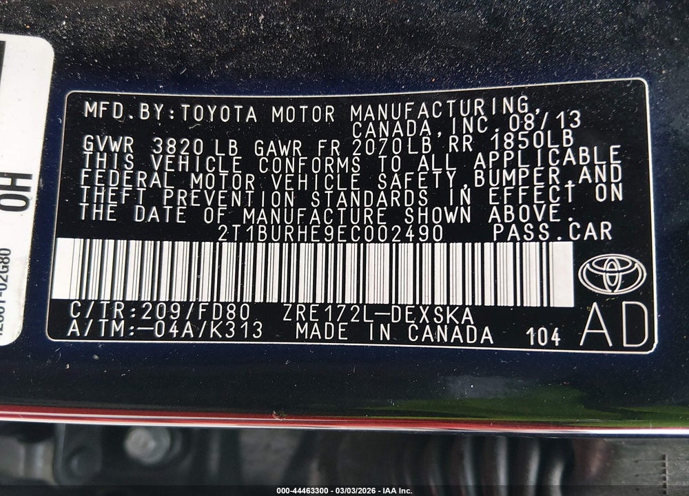 2014 TOYOTA COROLLA S PLUS VIN: 2T1BURHE9EC002490