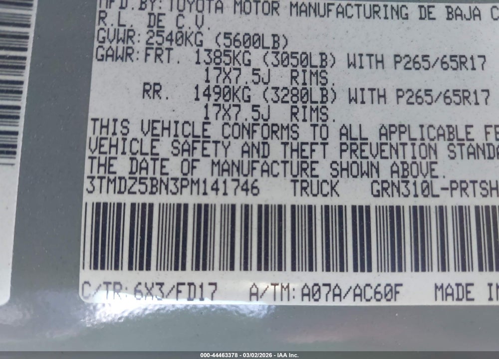 2023 TOYOTA TACOMA TRD SPORT VIN: 3TMDZ5BN3PM141746
