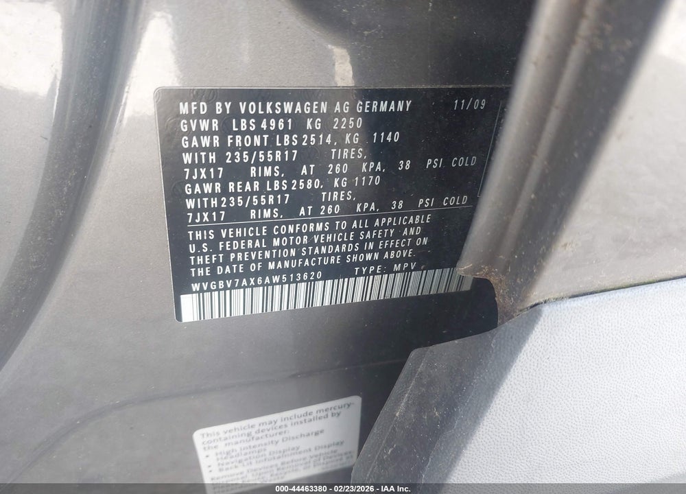 2010 VOLKSWAGEN TIGUAN WOLFSBURG EDITION VIN: WVGBV7AX6AW513620