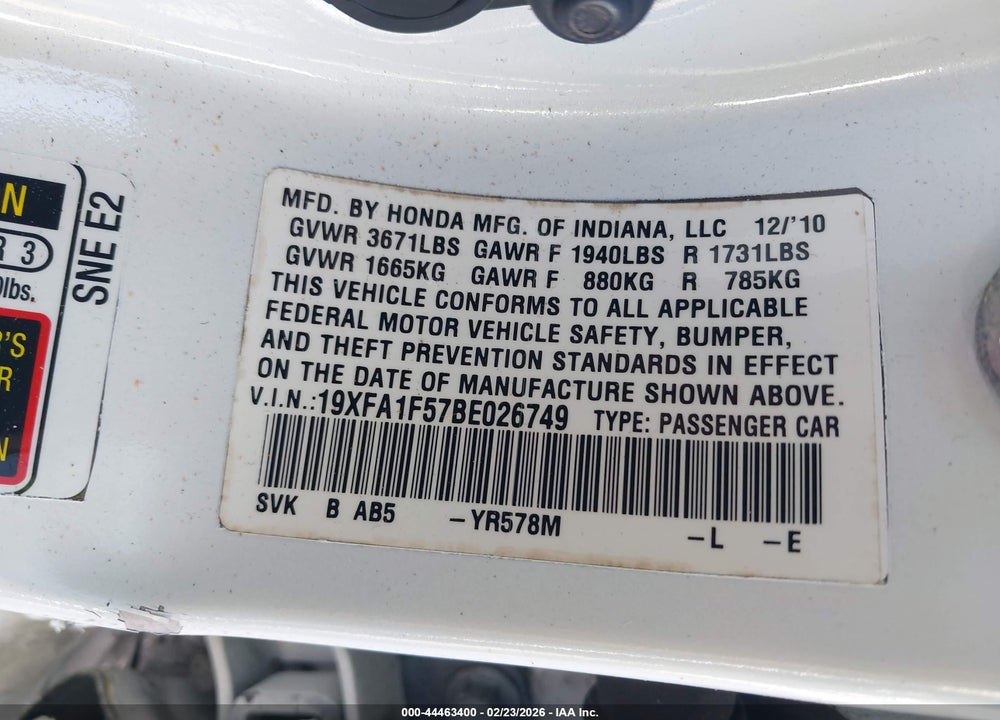 2011 HONDA CIVIC LX VIN: 19XFA1F57BE026749
