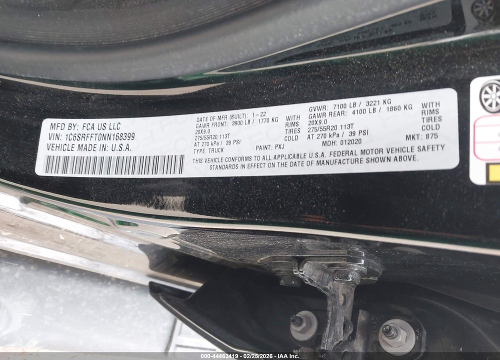 2022 RAM 1500 BIG HORN  4X4 5'7 BOX VIN: 1C6SRFFT0NN168399