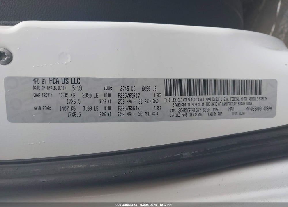 2019 DODGE GRAND CARAVAN GT VIN: 2C4RDGEG1KR716697