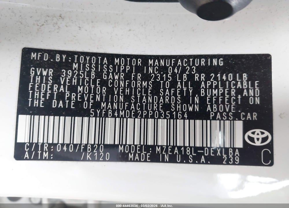 2023 TOYOTA COROLLA LE VIN: 5YFB4MDE2PP035164
