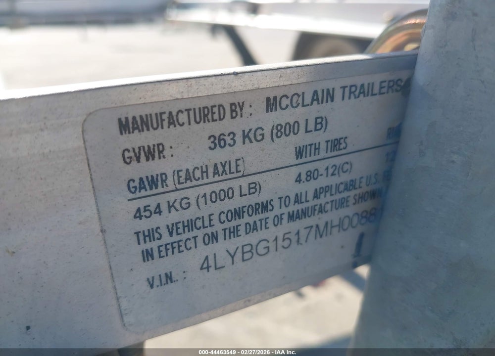 2021 MCCLAIN TRAILERS KAYAK TRAILER VIN: 4LYBG1517MH008810