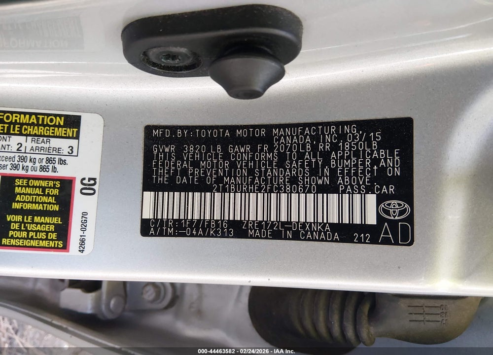 2015 TOYOTA COROLLA LE PLUS VIN: 2T1BURHE2FC380670