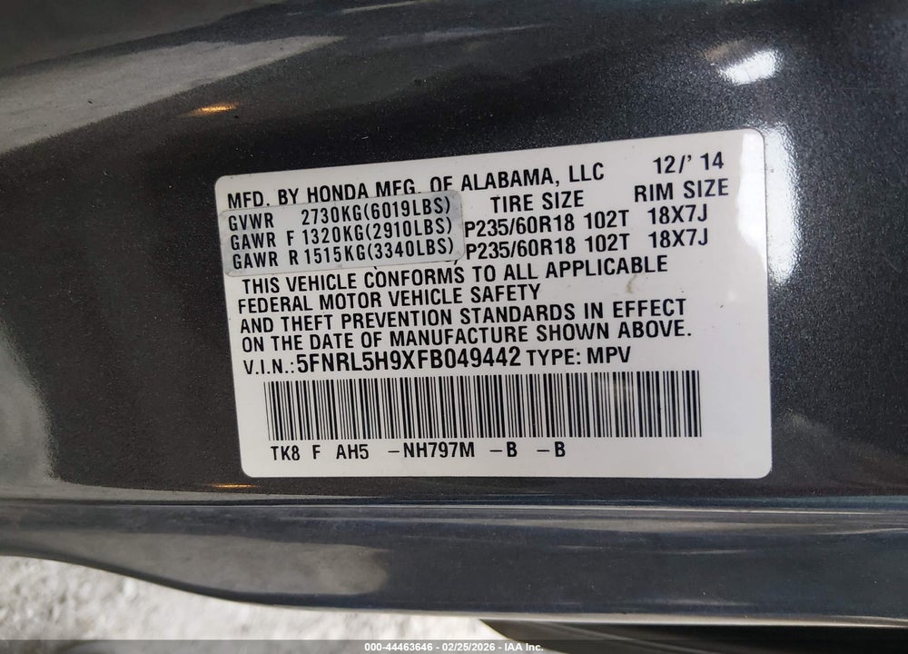 2015 HONDA ODYSSEY TOURING/TOURING ELITE VIN: 5FNRL5H9XFB049442