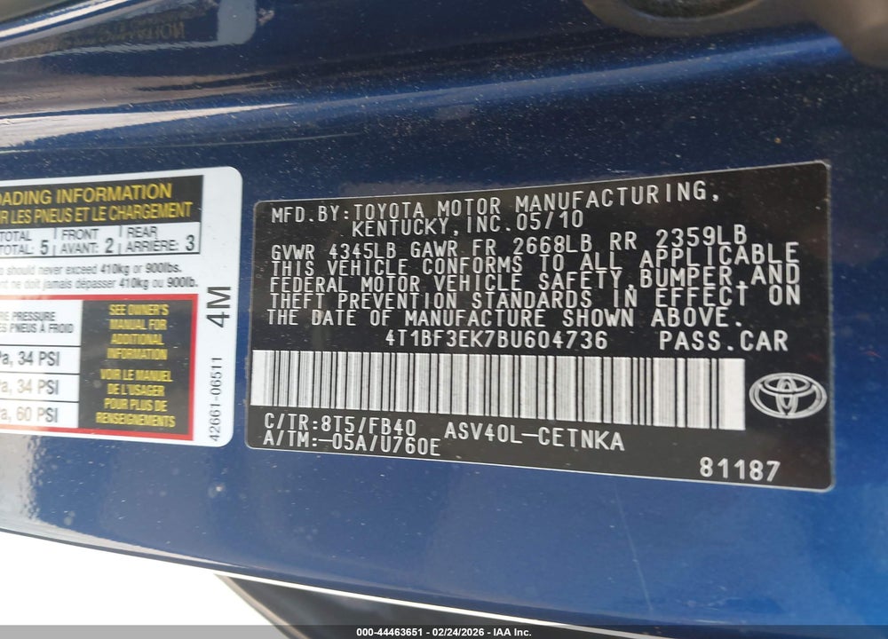 2011 TOYOTA CAMRY LE VIN: 4T1BF3EK7BU604736