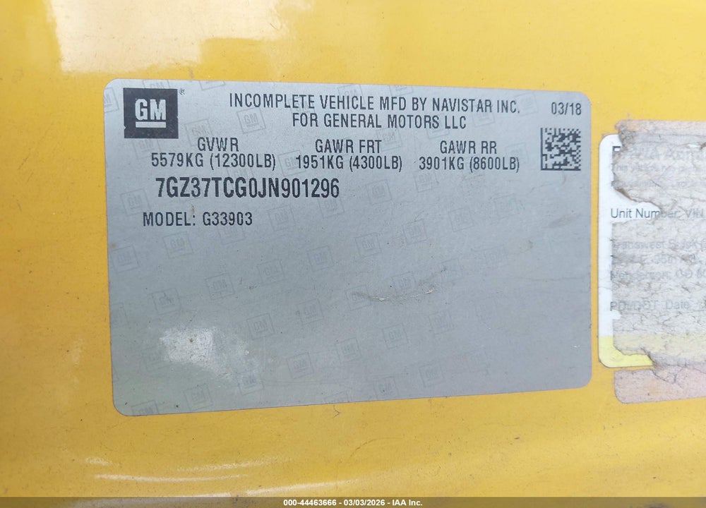 2018 GMC SAVANA CUTAWAY WORK VAN VIN: 7GZ37TCG0JN901296
