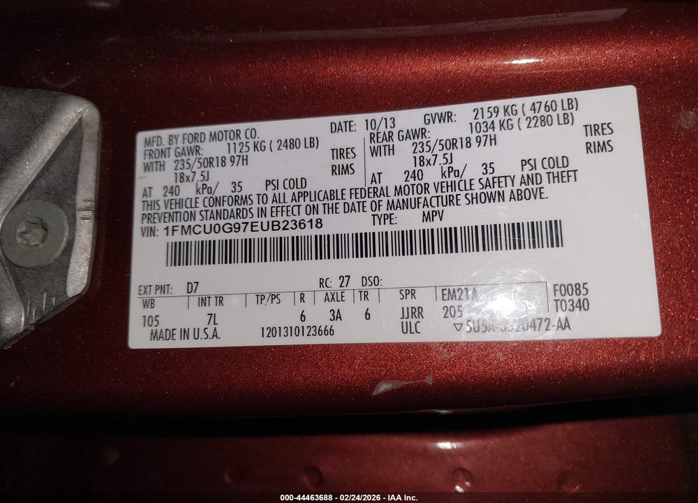2014 FORD ESCAPE SE VIN: 1FMCU0G97EUB23618