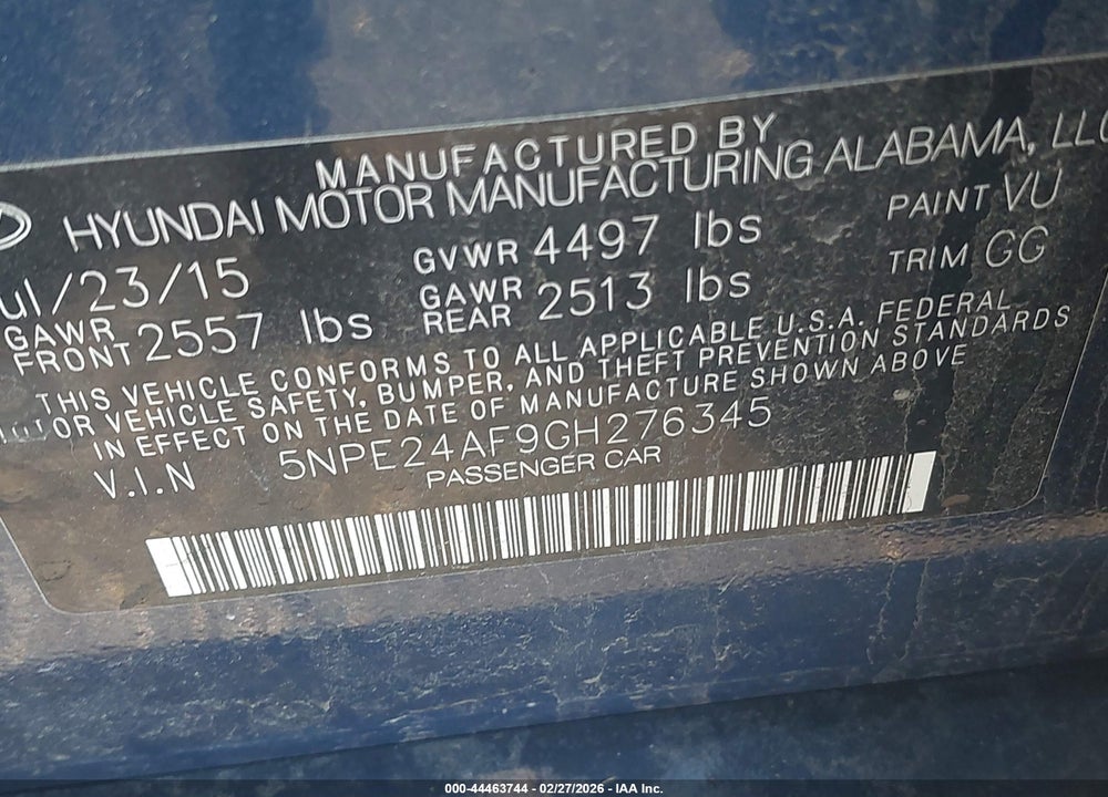 2016 HYUNDAI SONATA SE VIN: 5NPE24AF9GH276345