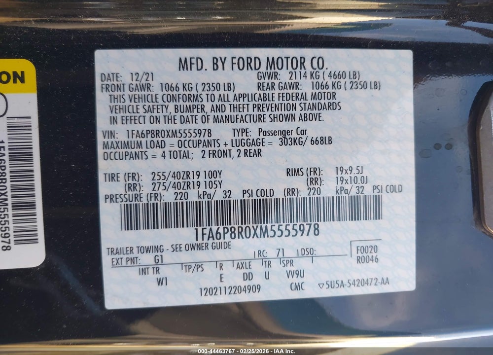2021 FORD MUSTANG MACH 1 FASTBACK VIN: 1FA6P8R0XM5555978