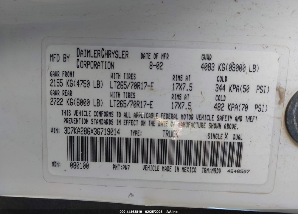 2003 DODGE RAM 2500 SLT/LARAMIE/ST VIN: 3D7KA286X3G719014