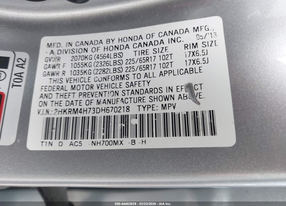 2013 HONDA CR-V EX-L VIN: 2HKRM4H73DH670218