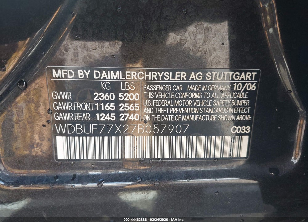 2007 MERCEDES-BENZ E-CLASS 6.3L AMG VIN: WDBUF77X27B057907