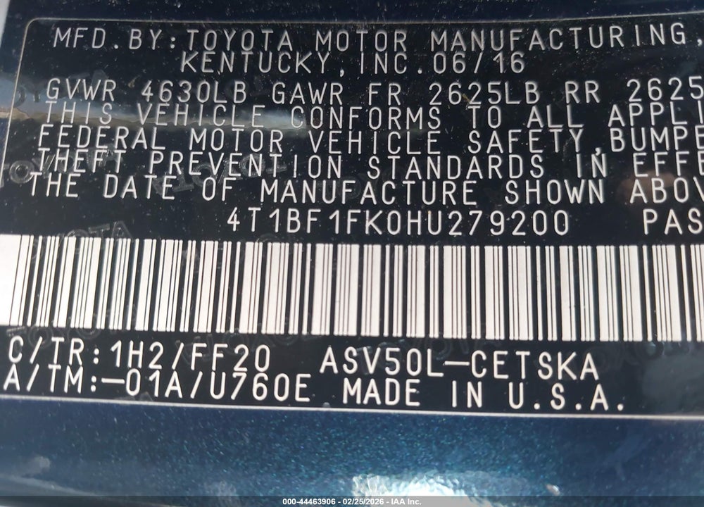 2017 TOYOTA CAMRY SE VIN: 4T1BF1FK0HU279200
