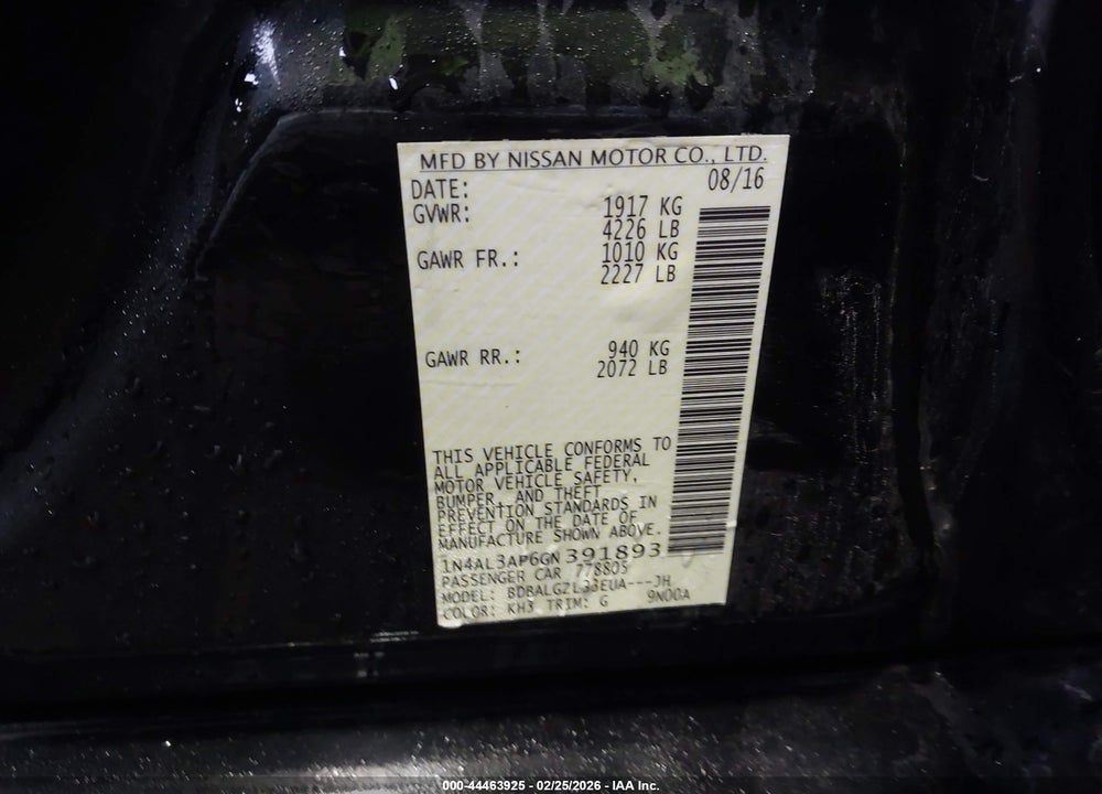 2016 NISSAN ALTIMA 2.5 S VIN: 1N4AL3AP6GN391893