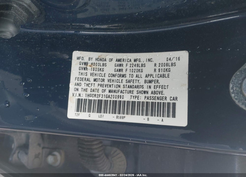 2016 HONDA ACCORD LX VIN: 1HGCR2F31GA200990