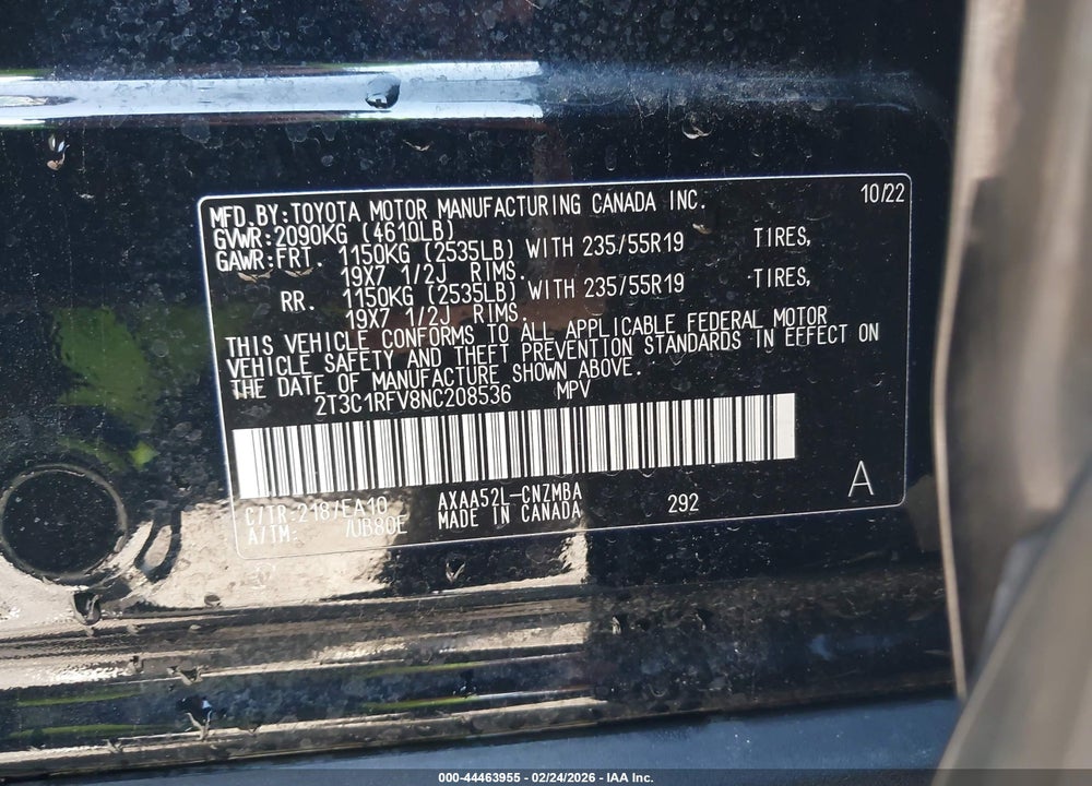 2022 TOYOTA RAV4 XLE PREMIUM VIN: 2T3C1RFV8NC208536