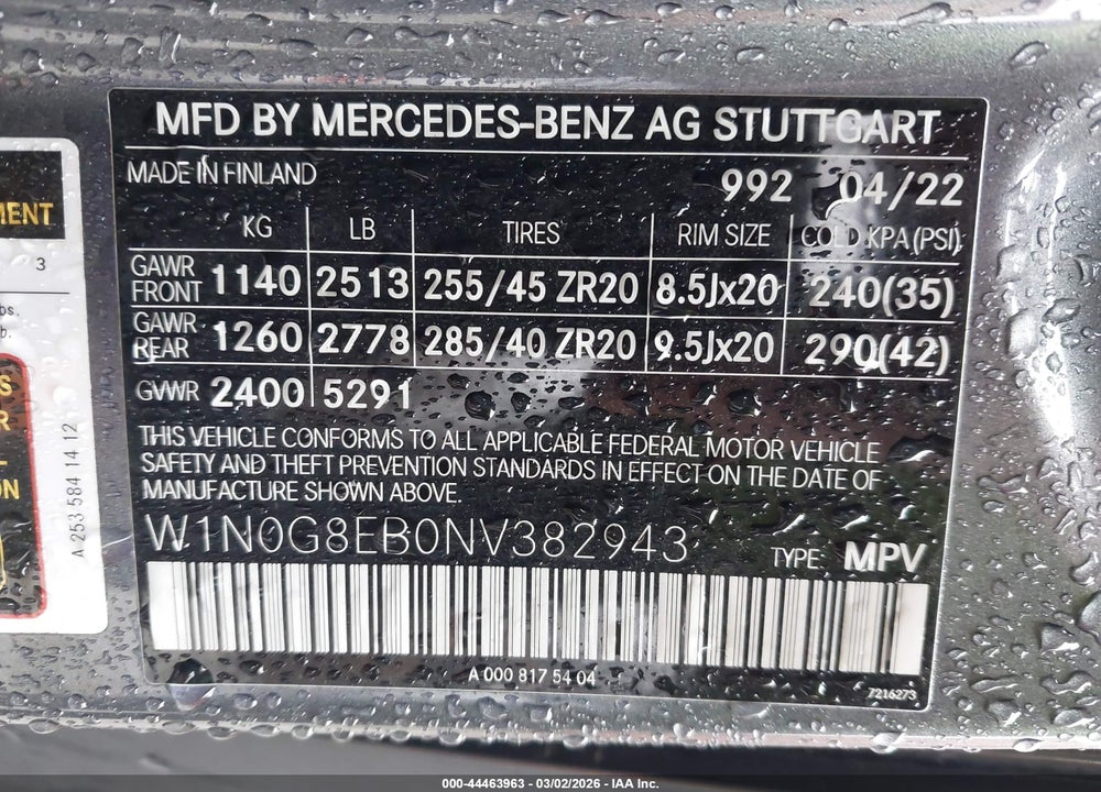 2022 MERCEDES-BENZ GLC 300 4MATIC SUV VIN: W1N0G8EB0NV382943