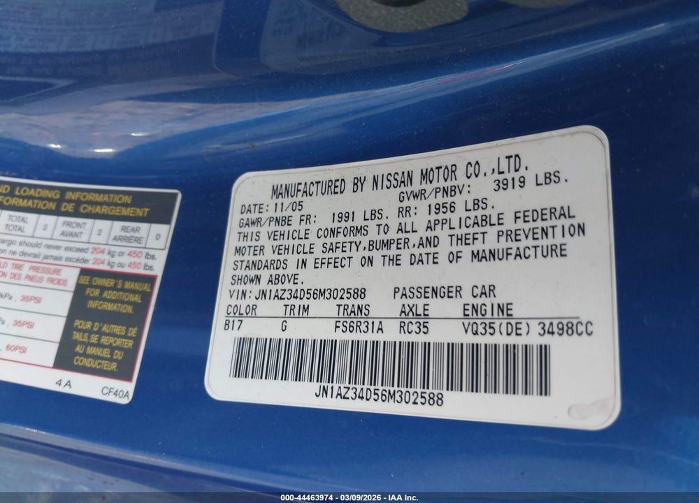 2006 NISSAN 350Z VIN: JN1AZ34D56M302588
