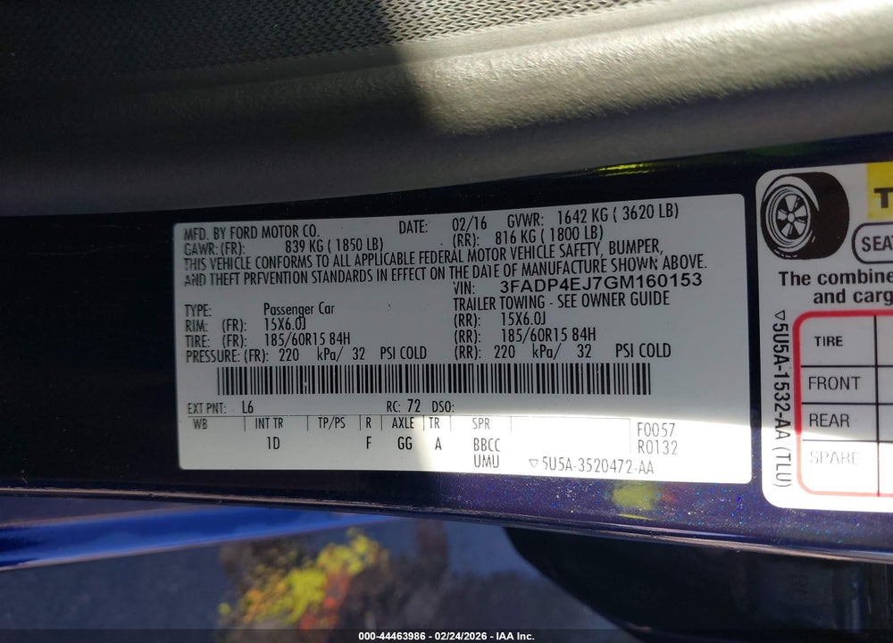 2016 FORD FIESTA SE VIN: 3FADP4EJ7GM160153