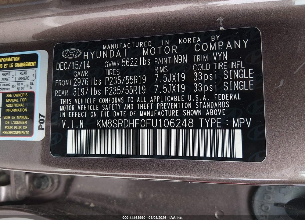 2015 HYUNDAI SANTA FE LIMITED VIN: KM8SRDHF0FU106248