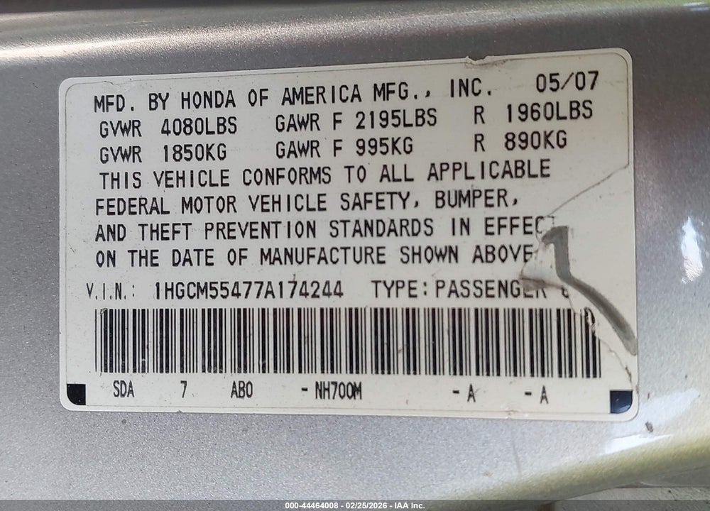 2007 HONDA ACCORD 2.4 LX VIN: 1HGCM55477A174244
