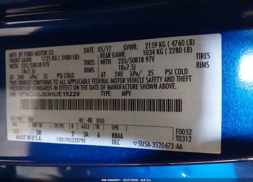 2017 FORD ESCAPE TITANIUM VIN: 1FMCU0J93HUE15229