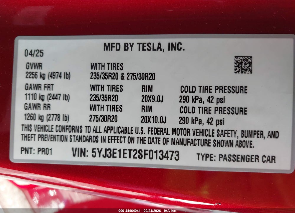 2025 TESLA MODEL 3 PERFORMANCE ALL-WHEEL DRIVE VIN: 5YJ3E1ET2SF013473