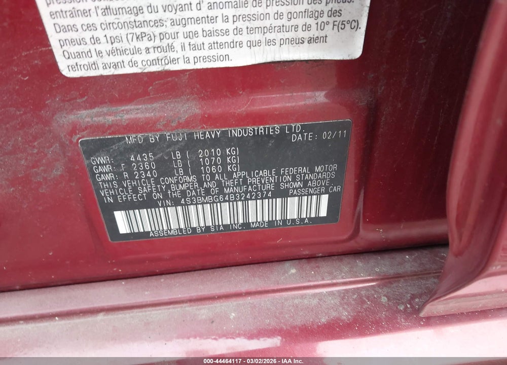 2011 SUBARU LEGACY 2.5I PREMIUM VIN: 4S3BMBG64B3242374