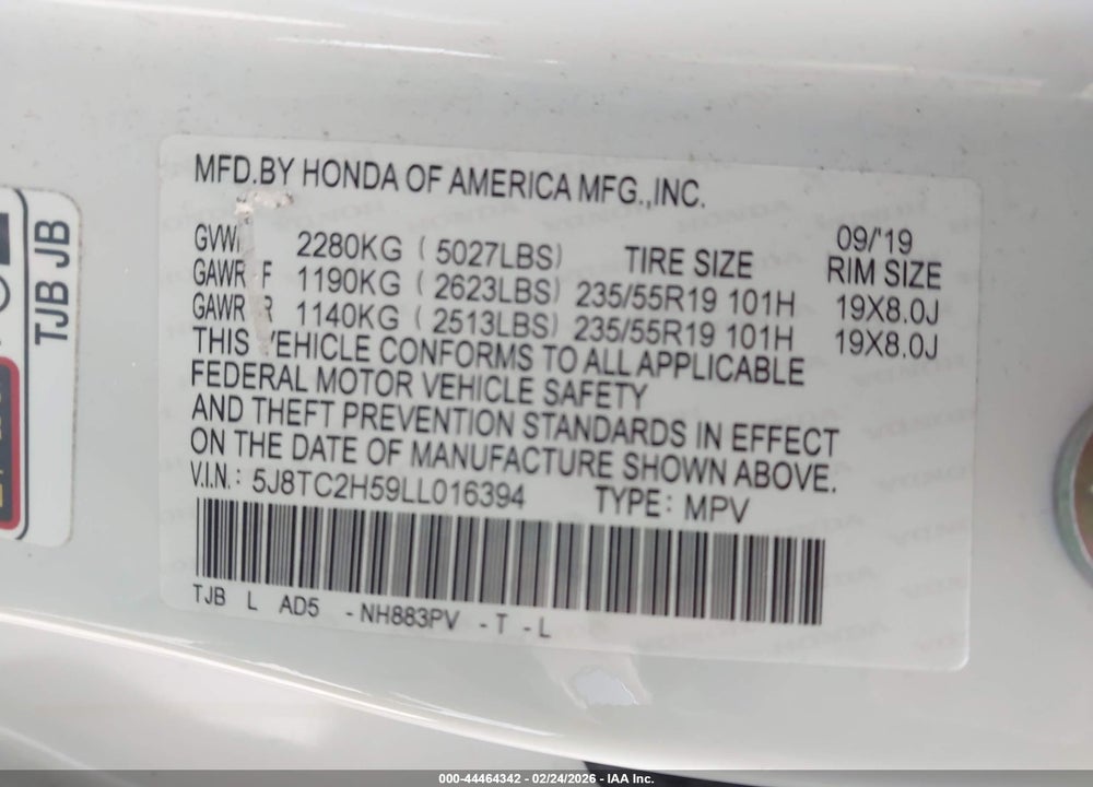 2020 ACURA RDX TECHNOLOGY PACKAGE VIN: 5J8TC2H59LL016394