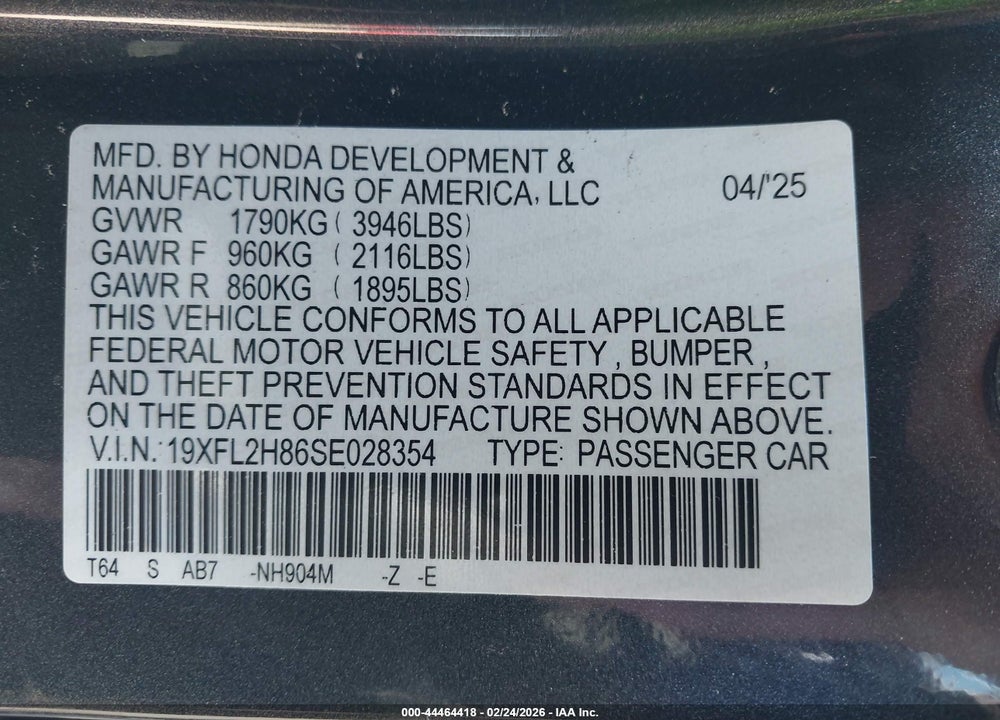 2025 HONDA CIVIC SEDAN SPORT VIN: 19XFL2H86SE028354