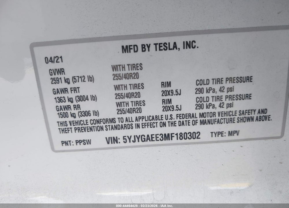 2021 TESLA MODEL Y LONG RANGE DUAL MOTOR ALL-WHEEL DRIVE VIN: 5YJYGAEE3MF180302