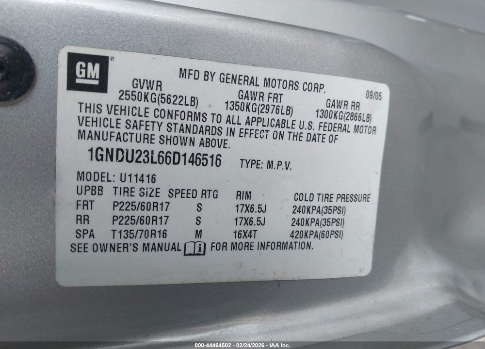 2006 CHEVROLET UPLANDER LS VIN: 1GNDU23L66D146516