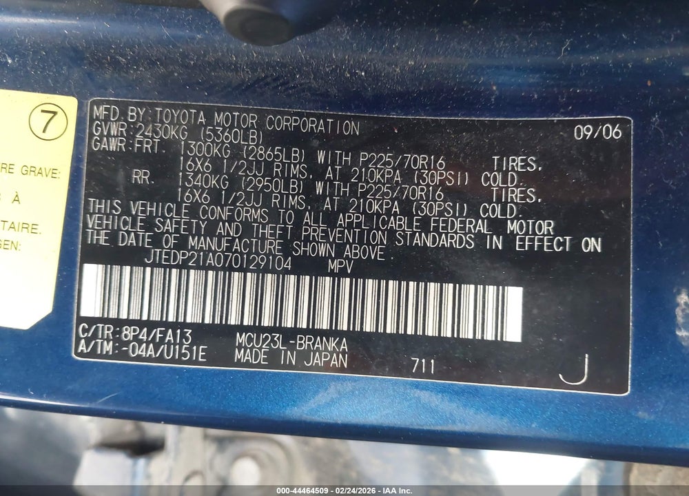 2007 TOYOTA HIGHLANDER V6 VIN: JTEDP21A070129104