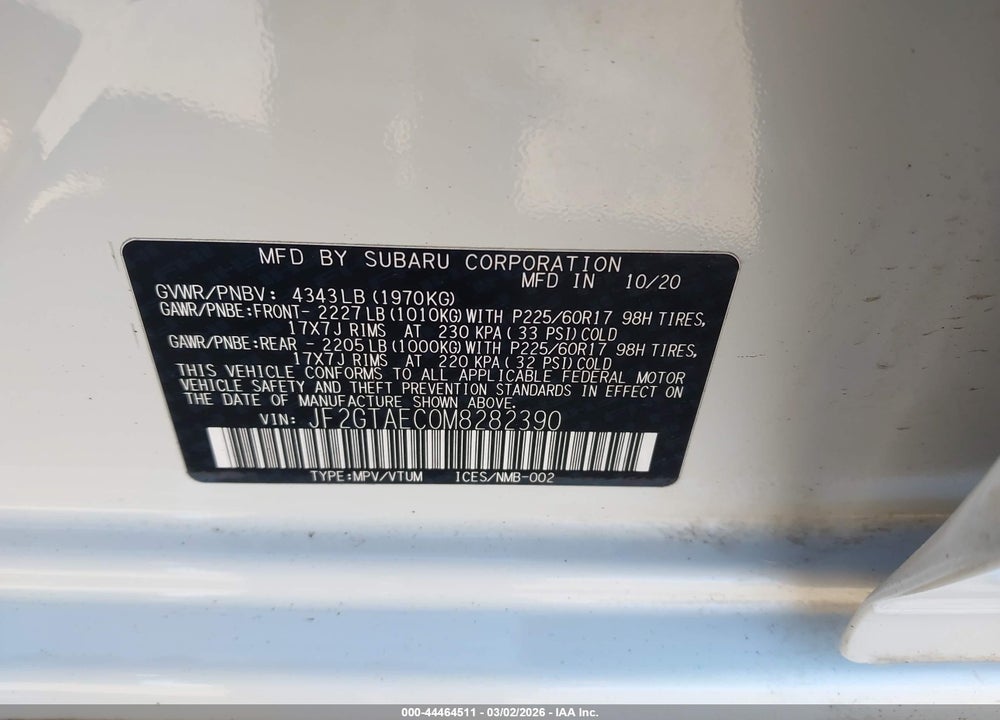 2021 SUBARU CROSSTREK PREMIUM VIN: JF2GTAEC0M8282390