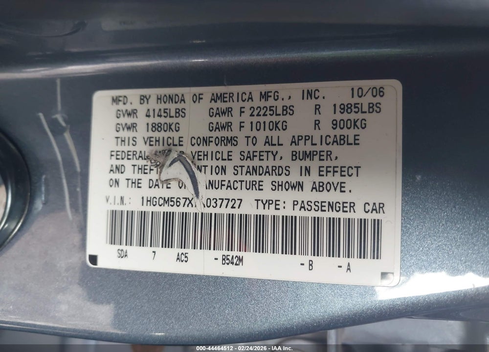2007 HONDA ACCORD 2.4 EX VIN: 1HGCM567X7A037727
