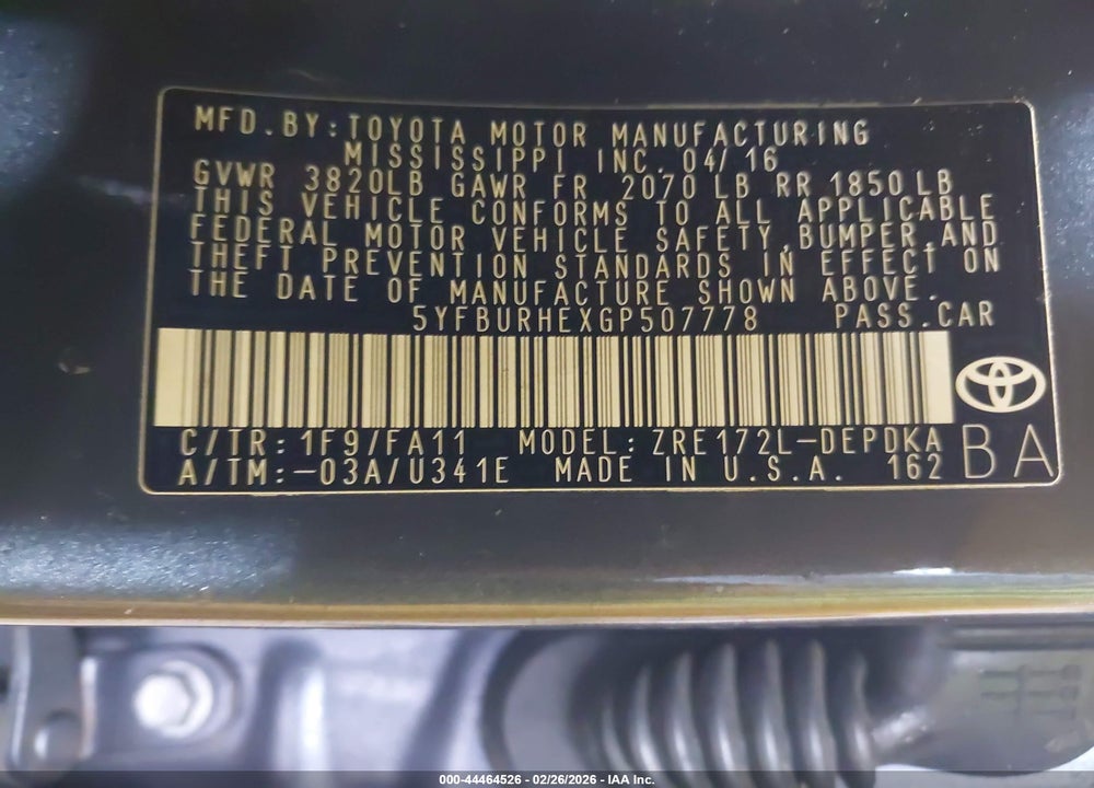2016 TOYOTA COROLLA L VIN: 5YFBURHEXGP507778