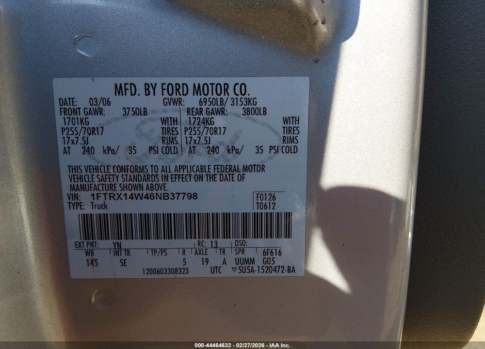 2006 FORD F-150 STX/XL/XLT VIN: 1FTRX14W46NB37798