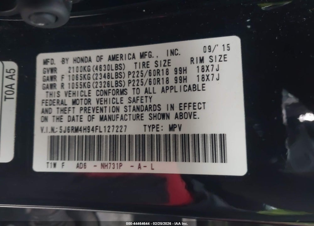 2015 HONDA CR-V TOURING VIN: 5J6RM4H94FL127227